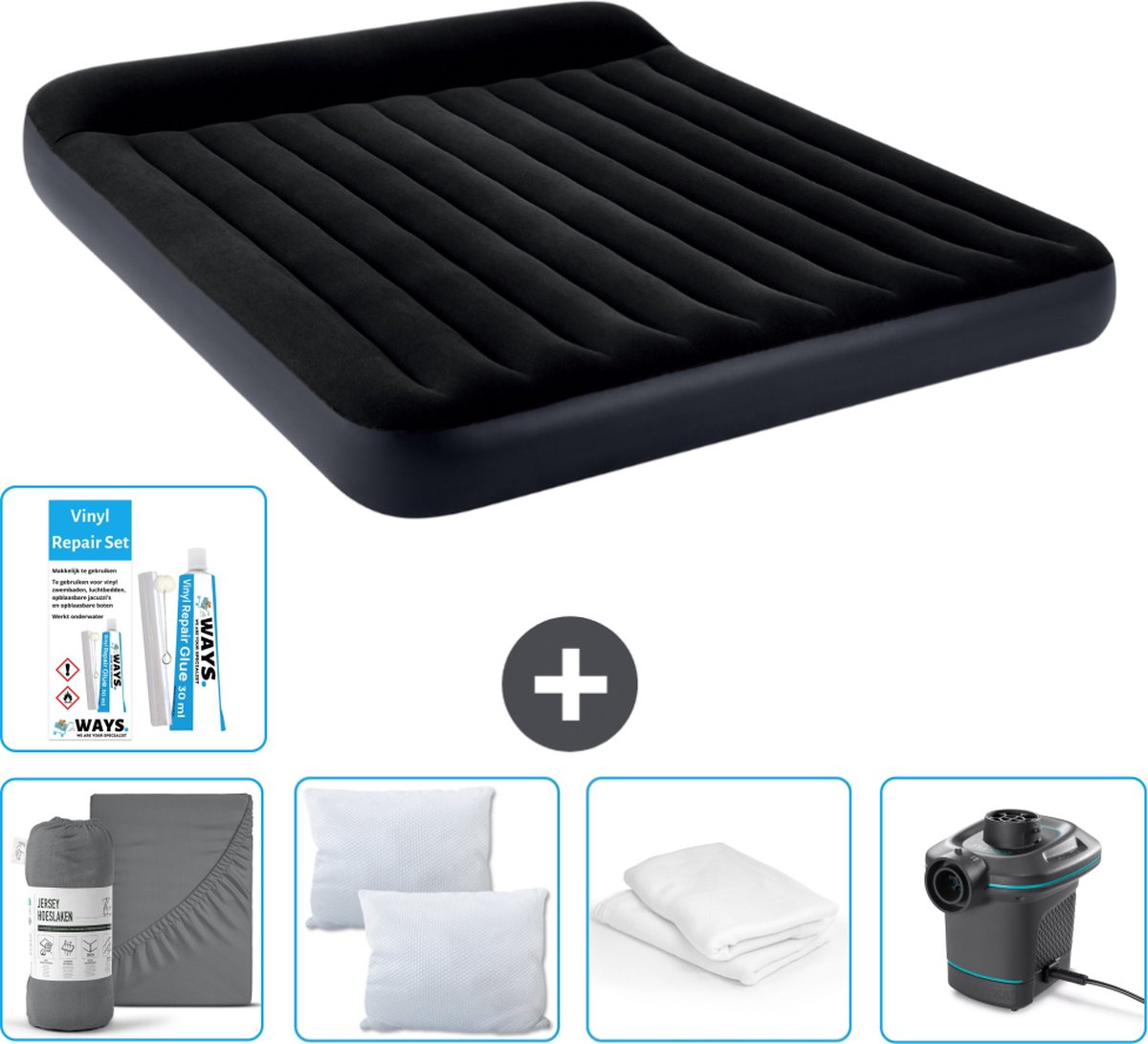 Intex Luchtbed - 2-Persoons - 183 x 203 x 25 cm - Donkerblauw - Inclusief Hoeslaken - Kussen - Pomp - Reparatieset en Kussenbeschermer