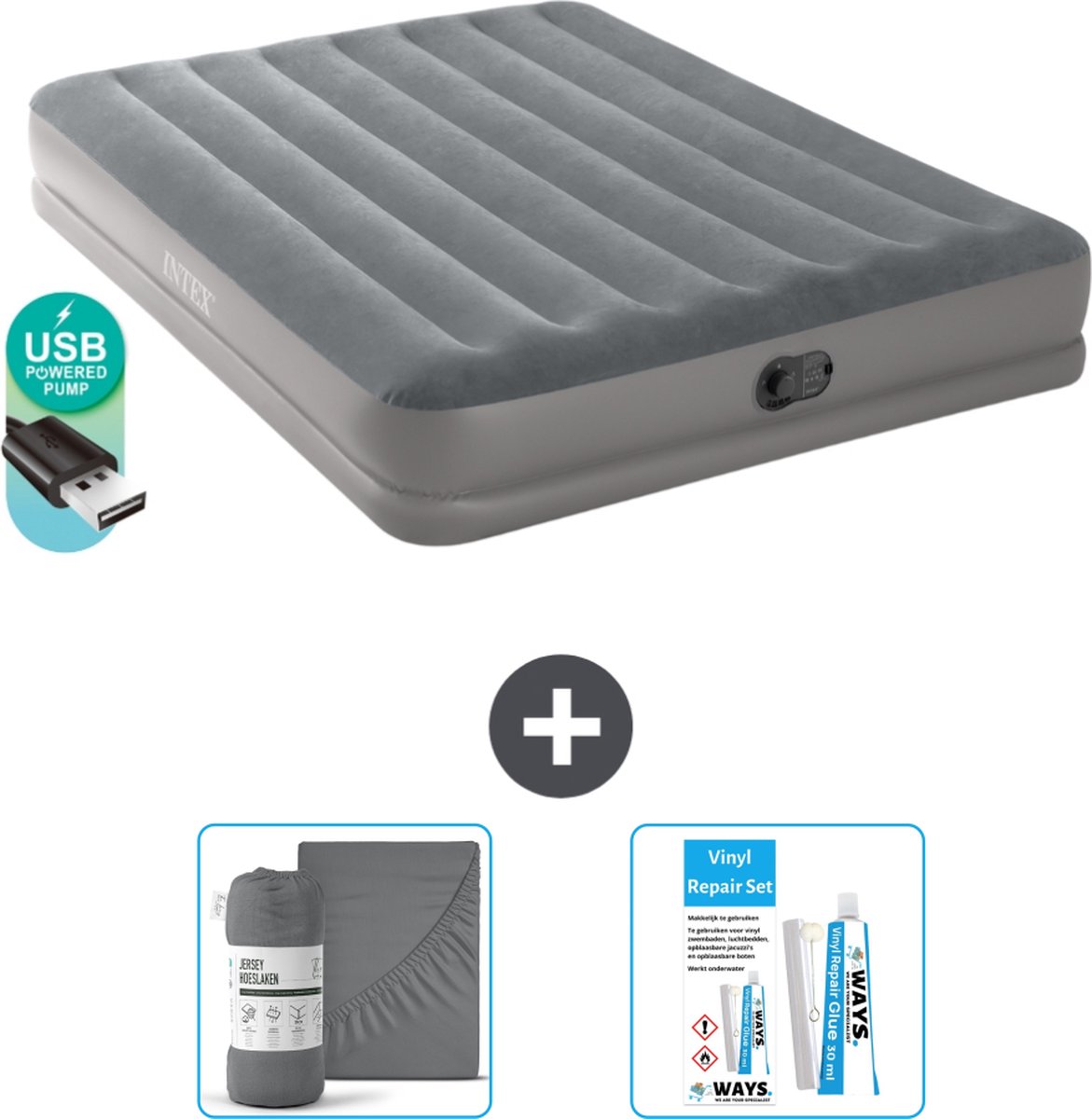 Intex Luchtbed - 2-Persoons - 152 x 203 x 30 cm - Grijs - Inclusief pomp - Accessoires CB20