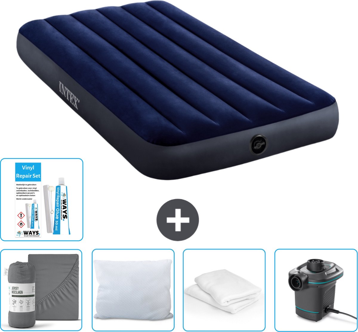 Intex Luchtbed - 1-Persoons - 99 x 191 x 25 cm - Blauw - Inclusief Hoeslaken - Kussen - Pomp - Reparatieset en Kussenbeschermer