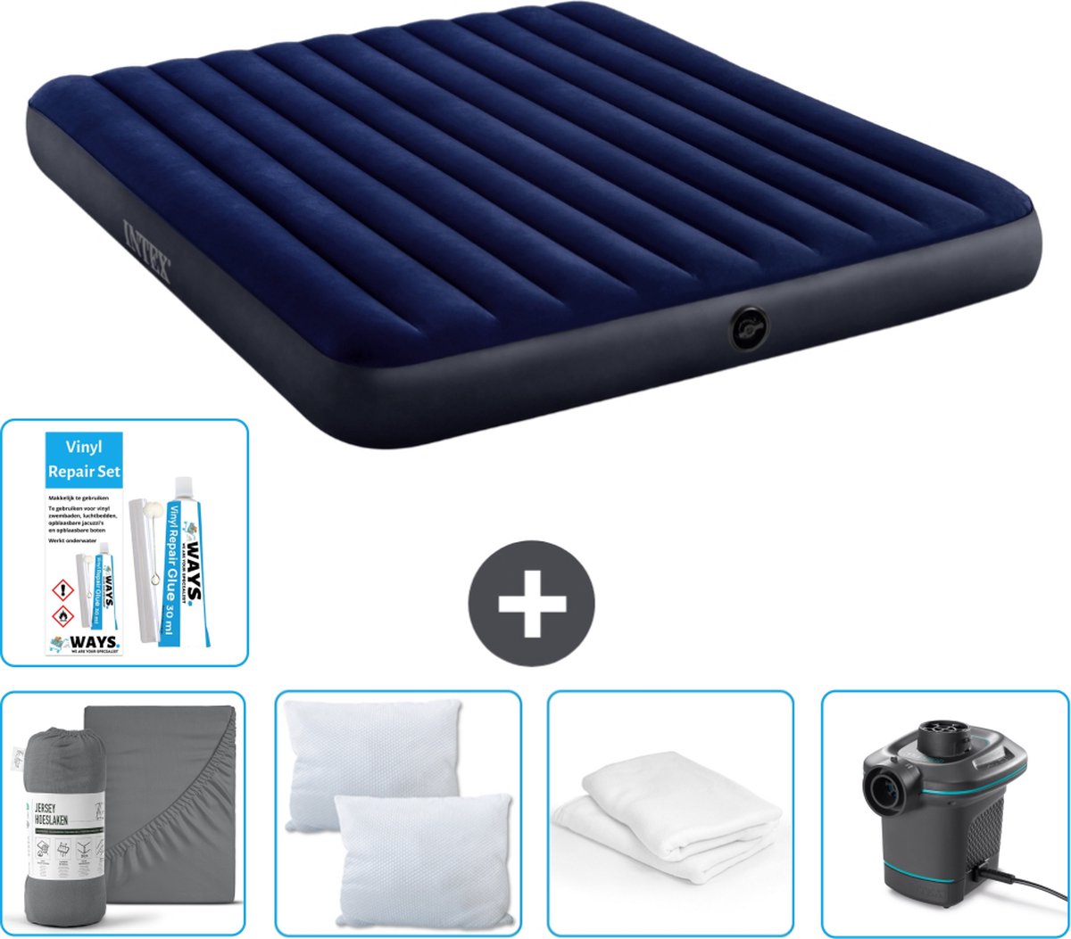 Intex Luchtbed - 2-Persoons - 183 x 203 x 25 cm - Blauw - Inclusief Hoeslaken - Kussen - Pomp - Reparatieset en Kussenbeschermer