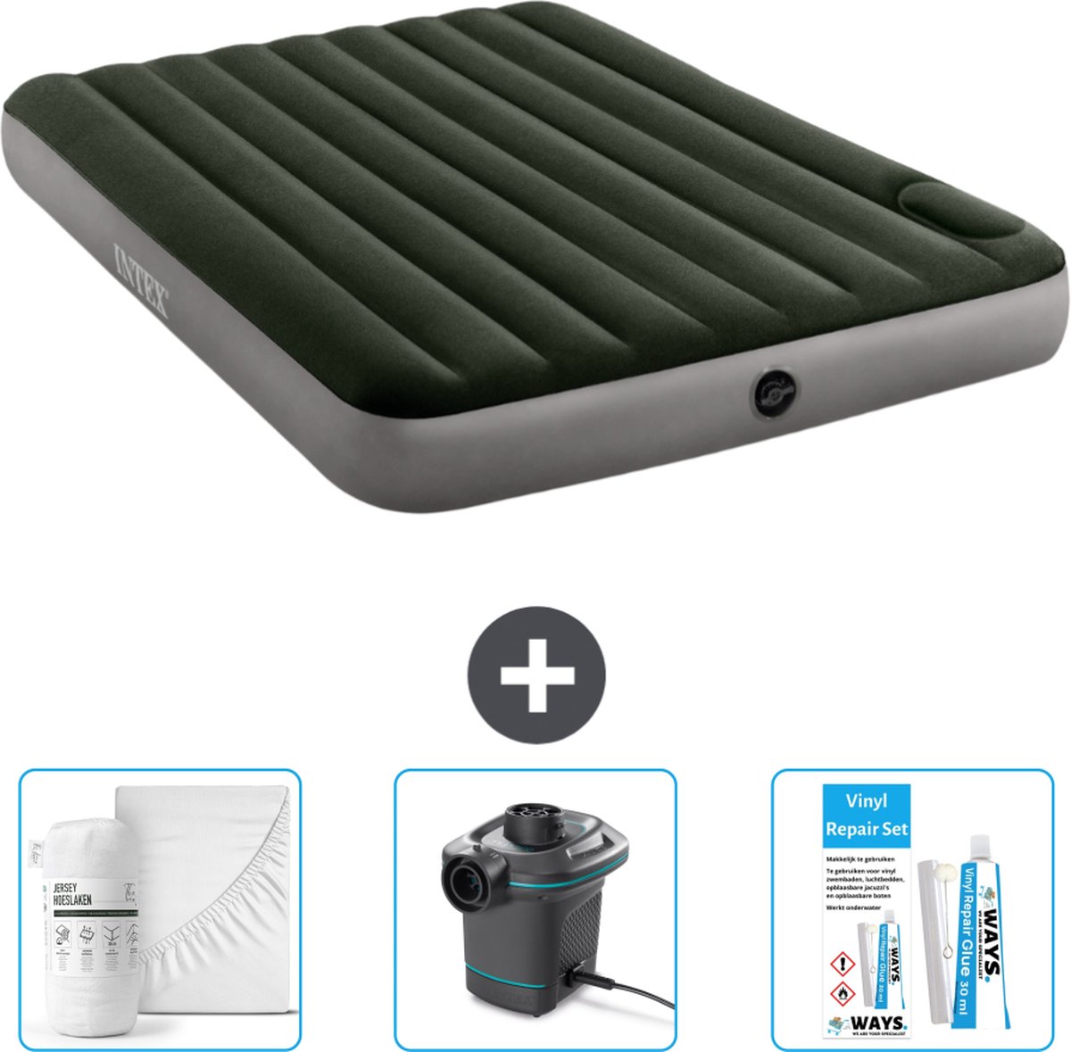 Intex Luchtbed - 2-Persoons - 152 x 203 x 25 cm - Groen - Hoeslaken - Pomp en Reparatieset