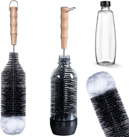 Villkin Flessenborstel (1 stuk) compatibel met SodaStream glazen flessen, babyflessen en glazen - reinigingsborstel met wolkop voor een krasvrije reiniging van glas en plastic