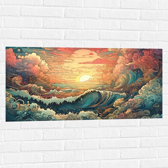 Muursticker - Schilderij - Oceaan - Zee - Golven - Zonsondergang - Wolken - Kleuren - 100x50 cm Foto op Muursticker