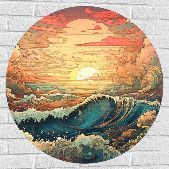 Muursticker Cirkel - Schilderij - Oceaan - Zee - Golven - Zonsondergang - Wolken - Kleuren - 80x80 cm Foto op Muursticker