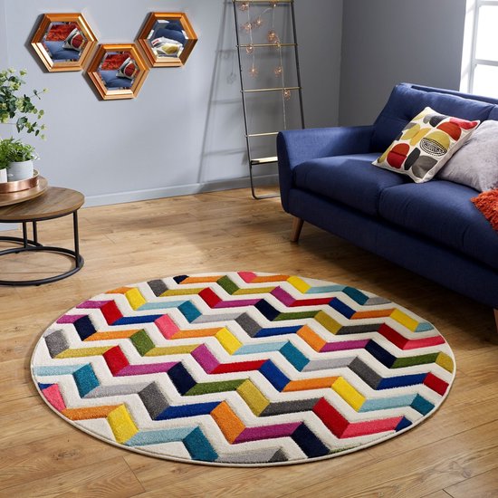 Flycarpets Rond Kleurrijk Vloerkleed - Bolero - Laagpolig - Zigzag Design - Multi - 160x160 cm