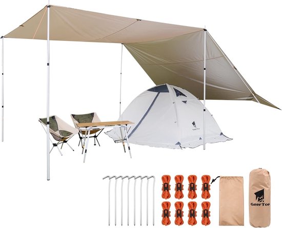 Foto: 17 10 ft grote campingtent tarp outdoor waterdichte vlamvertragende hangmat regen vlinderdas rugzak tent tarp shelter voor wandelen reizen picknick tentzeil