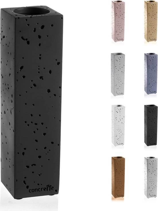 Bloemenvaas voor tafelblad rechthoekig en slank handgemaakt van architectonisch beton origineel gevormd design met kleine gaten hoogte 220 mm zwart mat