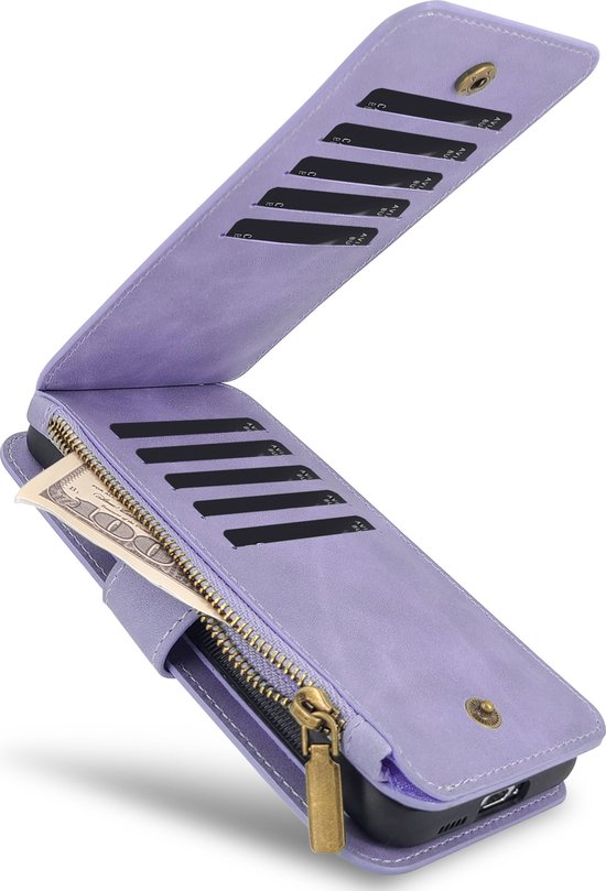 Casemania Étui adapté pour Apple iPhone 15 Pro - Lilas brillant - Étui livre magnétique 2 en 1 avec fermeture éclair