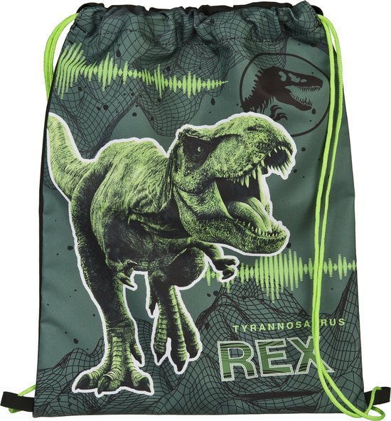 Groene gymtas met een grote groene Tyrannosaurus Rex print, "REX" tekst en geluidsgolven. Trekkoorden in het limegroen.