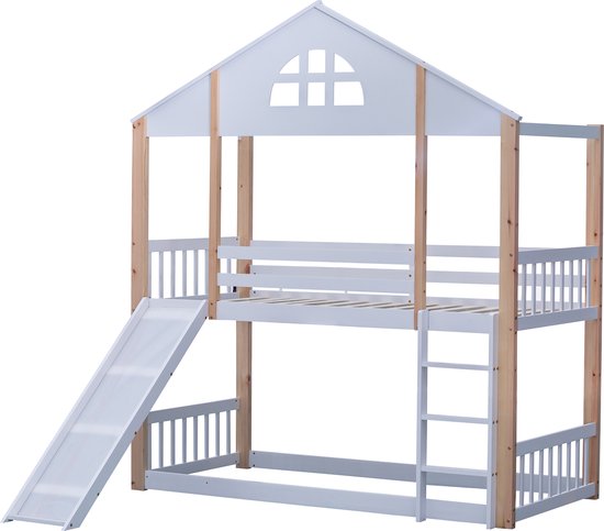 Merax Stapelbed 90x200 cm - Kinderbed - Huisbed met Uitvalbeveiliging - Bed met Glijbaan - Wit met Naturel Hout Bruin