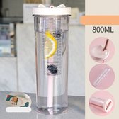 800ML Grote Capaciteit Stro Cup - Transparante Geen Lekkage Water Cup - Draagbare Citroensap Koppen Filter Leuke Drinkfles voor Meisje - Beige Zonder Deksel