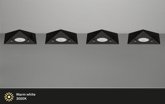 Trango Set van 4 Keukenonderkastverlichting 6740-45 mat zwart *COOK* inbouwarmatuur - inbouwspot incl. 4x 4,8 Watt LED module 3000K warm wit driehoekslicht – keukenkastverlichting 230V uitbreidbaar