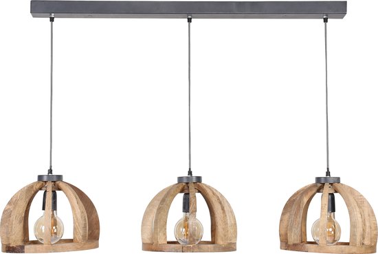 Hanglamp met gebogen houten spijlen | 3 lichts | massief mango naturel | ø 30 cm | 120x30x150 cm | industrieel / landelijk design | eetkamer / woonkamer | sfeervol en natuurlijk