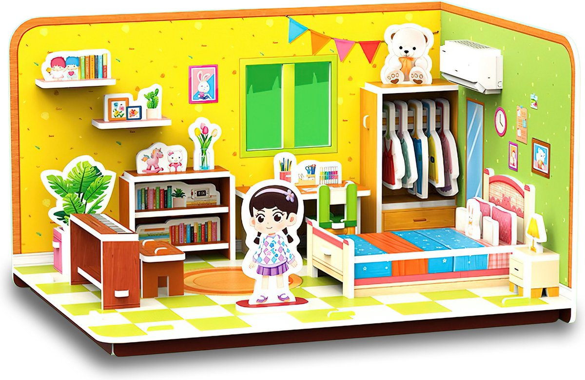 Ainy - 3D puzzel poppenhuis kinderkamer met meubels: Miniatuur bouwpakket / speelgoed huisjes knutselpakket / educatief knutselen meisjes - hobby puzzels en creatief modelbouw voor kinderen & volwassenen | 53 stukjes