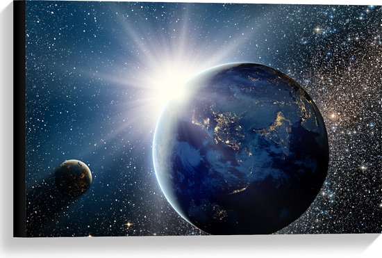 Canvas - Zon - Planeten - Aarde - Sterren - Heelal - 60x40 cm Foto op Canvas Schilderij (Wanddecoratie op Canvas)