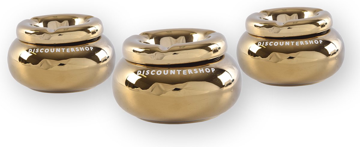 Goedkoopste Discountershop Set van 3 Terras Asbakken - Dolomiet - Goudkleurig - Diameter 11cm Hoogte 6cm – Stijvolle Tafelaccessoires voor Binnen & Buiten