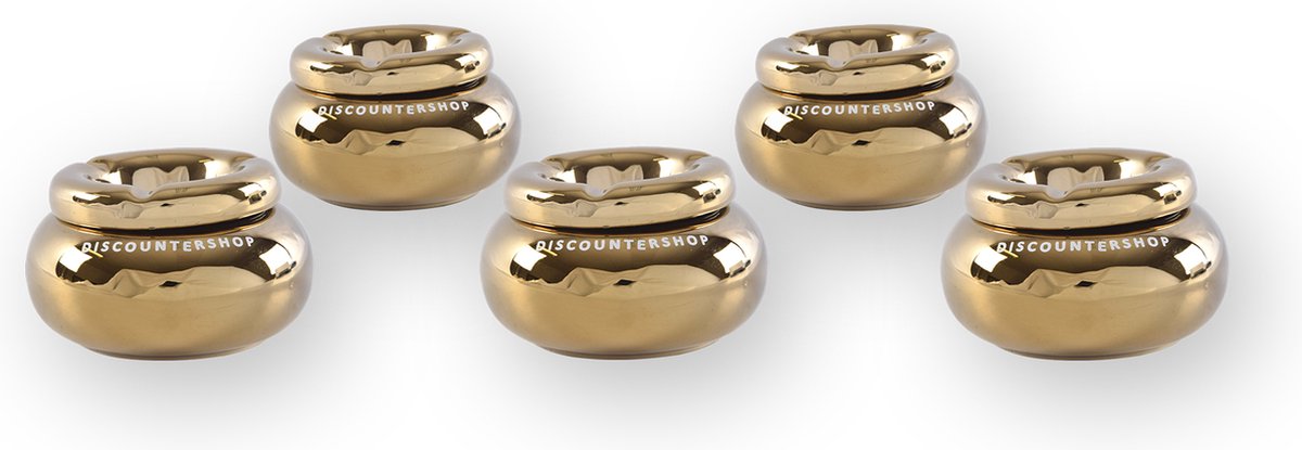 Goedkoopste Discountershop Luxe Set van 5 Ronde Dolomiet Stormasbakken - Goudkleurig - Diameter 11cm Hoogte 6cm – Ideaal als Paasdecoratie & Kerstdecoratie – Stijvolle Tafelaccessoires