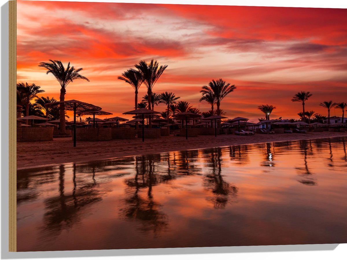 Hout - Strand - Zee - Zonsondergang - Parasols - Palmbomen - 80x60 cm - 9 mm dik - Foto op Hout (Met Ophangsysteem)