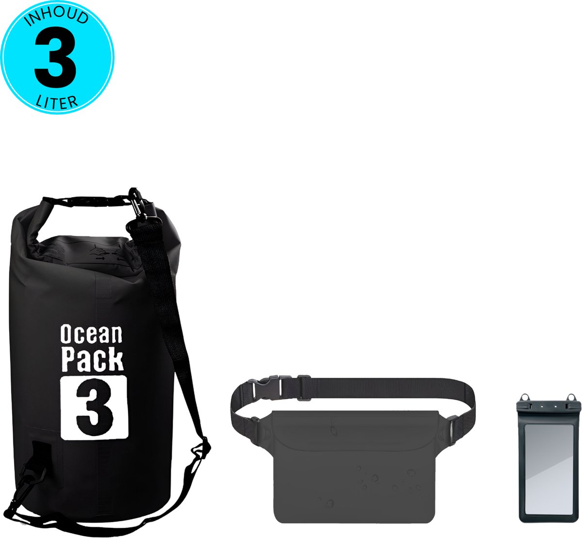 Somstyle 3-in-1 Drybag Set - 3 Liter - Droog Tas, Heuptas & Telefoonhoes Waterdicht - Outdoor, Vakantie, Travel & Zwemmen - Zwart