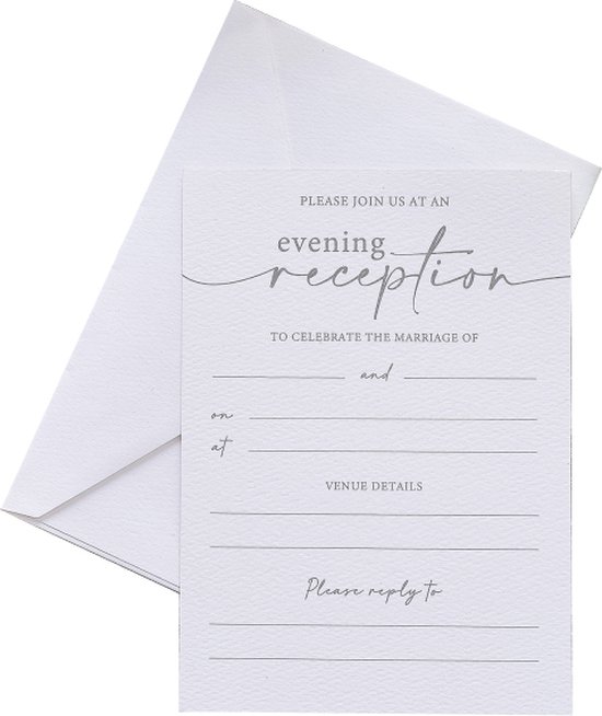 Dix invitations de mariage blanches pour réceptions en soirée, avec enveloppes.
