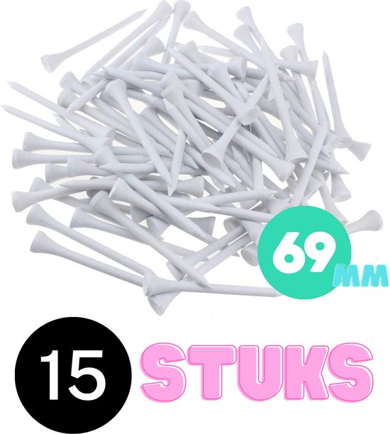 Een hoop witte golftees van 69 mm, met 15 stuks aangegeven.