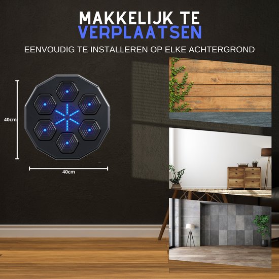 Een zwart, achthoekig trainingsapparaat met blauw verlichte hexagonale pads, afgebeeld met afmetingen en in verschillende interieuromgevingen.