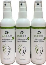 Ecodor EcoFeet - 3x 100 ml spray - Reisformaat - Geurvreter / Ontgeurder tegen Zweetlucht - Vegan - Ecologisch - Niet geparfumeerd - Met plantaardige enzymen