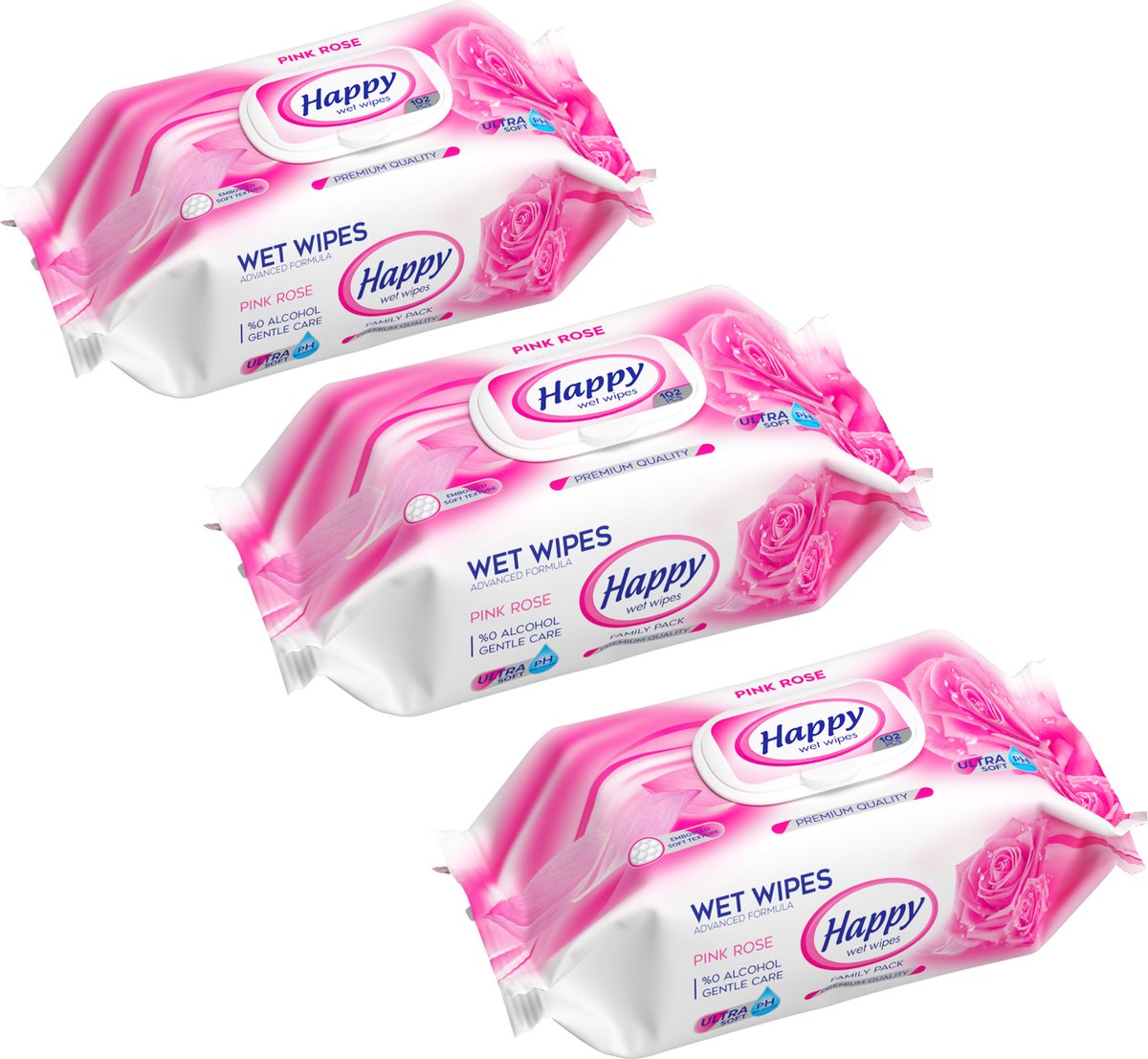 Goedkoopste Happy Wet Wipes Pink Rose 3 x 102 vochtige reliëf doeken PH 5.5 gebalanceerd