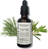 Roselea Organics - Biologische Castor Olie met Rozemarijn & Tea Tree – Voedt het haar en stimuleert de haargroei - Versterkt haar, wimpers, wenkbrauwen en nagels - Al onze Ingrediënten zijn Natuurlijk (100 %) en Biologisch (98 %) - 50 ml.