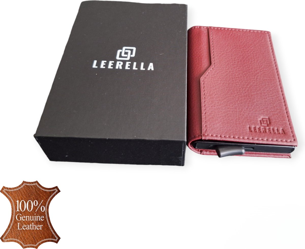 Leerella Pasjeshouder Uitschuifbaar Wijnrood - Kaarthouder - Creditcardhouder - Echt Leer – 10 tot 11 Pasjes - RFID Creditcardhouder - Inclusief met luxe Cadeaubox - Valentijnsdag - Verjaardag - Cadeautjes