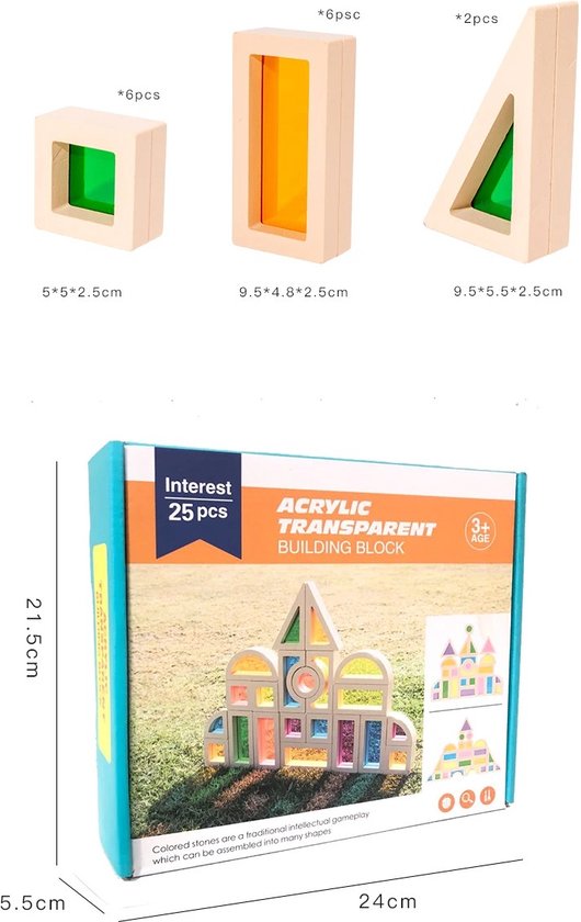 Wise® Bouwstenen Montessori - 25 Stuks - Speelgoed - Sensorisch - Hout Regenboog Blokken - Geometrie.