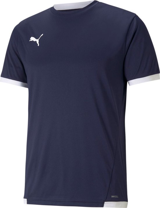 Donkerblauw sportshirt met witte PUMA logo en witte boorden aan mouwen.