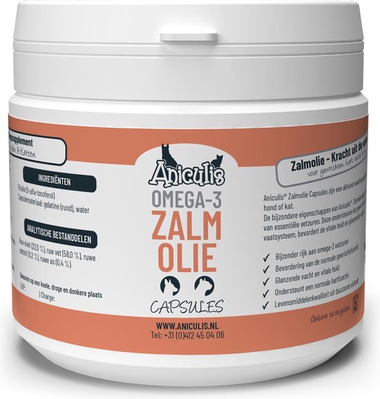 Pot Aniculis Zalmolie capsules met ingrediënten en analytische bestanddelen.