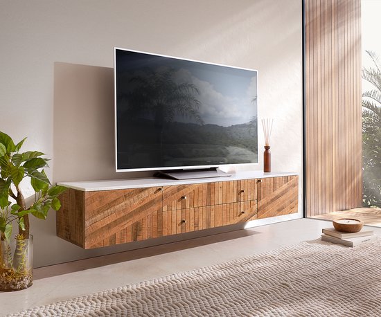 TV-meubel Bahan mango teak 175 cm 2 Deuren 2 Laden marmer top wit