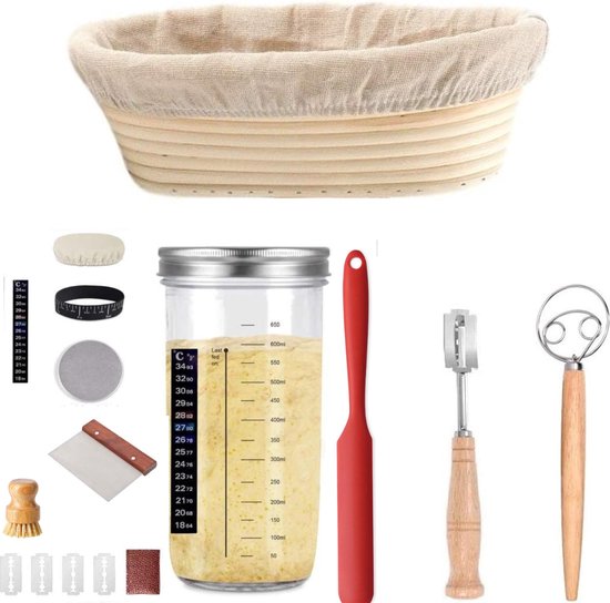 Foto: 360 living zuurdesem starter set zuurdesem rijsmand 25cm zuurdesem pot 730ml alle benodigheden rijsmandje broodbakken sourdough starter kit incl deegklopper deegmesje deegschraper bloemborstel spatel