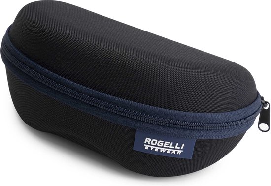 Zwarte, ovale Rogelli brillenkoker met blauwe rits en logo.