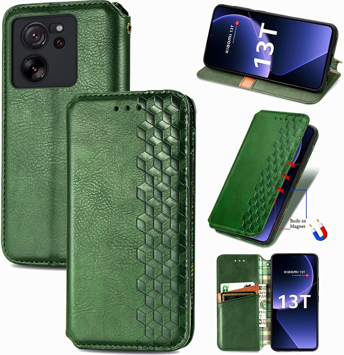 Luxe PU Lederen Ruitpatroon Wallet Case + Screenprotector voor Xiaomi 13T / 13T Pro _ Groen