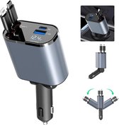 Voyage® 4-in-1 intrekbare auto snellader voor iPhone en USB C, autolader - intrekbare kabels (31,5 inch) en 2 oplaadpoorten - Sigarettenaansteker adapter - Zilver
