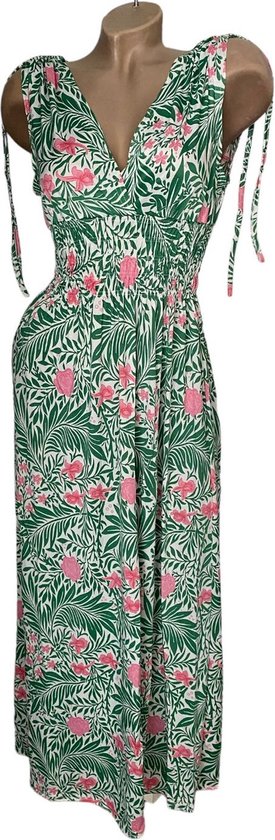 Dames Lange zomerjurk 73# S/M (36-40) groen/roze/wit