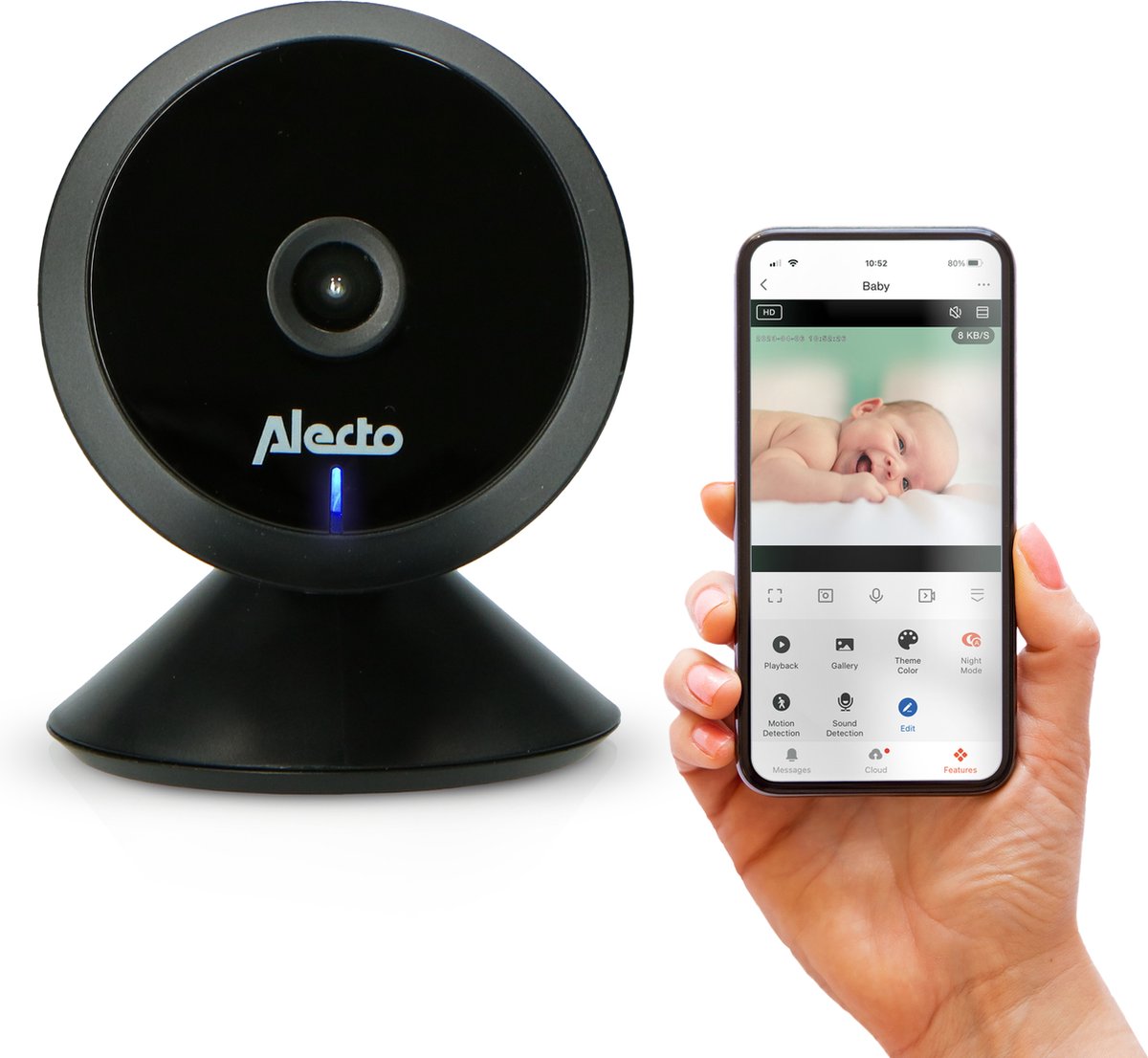 Alecto SMARTBABY5BK - WiFi Babyfoon met HD Camera en App - Push melding bij beweging en geluid - Zwart