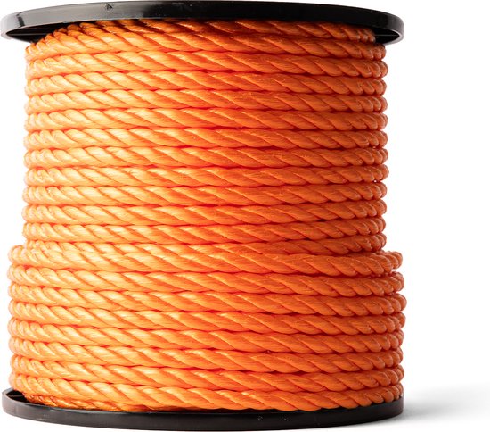 Een rol oranje PP-touw met zwarte randen.