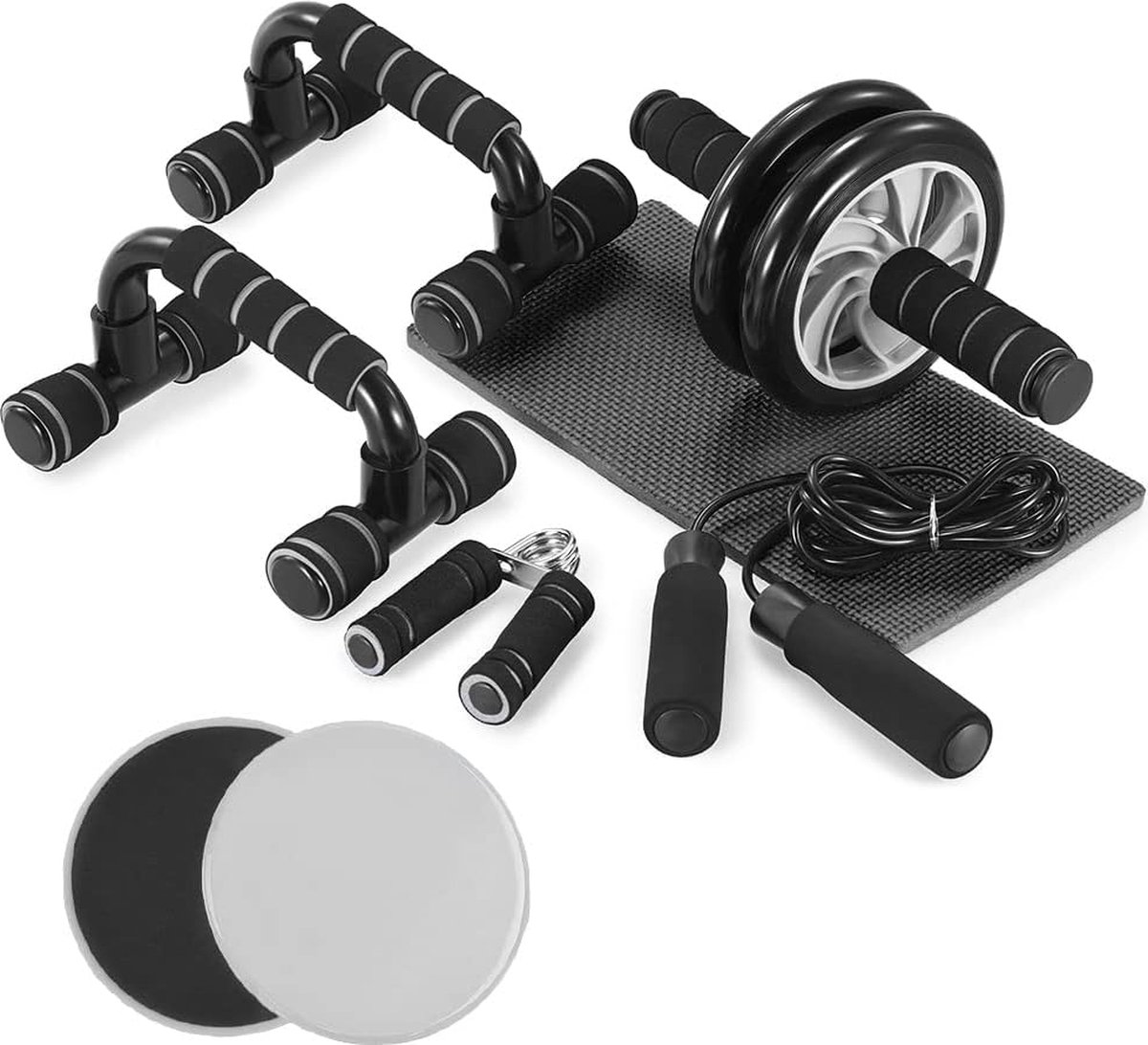 Bol.com Buikroller Fitnessset met Kniemat en Glijschijven - Buikspiertraining - Grijs - Effectieve Workouts voor een Sterke Core... aanbieding