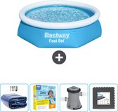 Bestway Rond Opblaasbaar Fast Set Zwembad - 244 x 61 cm - Blauw - Inclusief Solarzeil - Onderhoudspakket - Pomp - Vloertegels