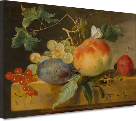 Fruitstilleven - Jan van Huysum schilderij - Fruit wanddecoratie - Canvas schilderij Stilleven - Wanddecoratie industrieel - Canvas schilderij woonkamer - Decoratie kamer 90x60 cm