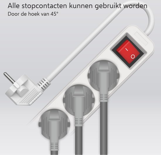 Witte stekkerdoos met een gebogen kabel en drie stekkers in de stopcontacten. De stopcontacten zijn schuin geplaatst.