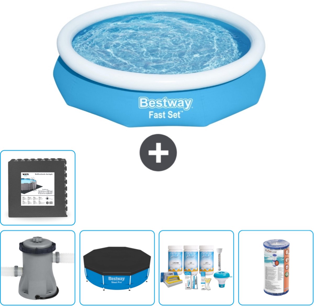 Bestway Rond Opblaasbaar Fast Set Zwembad - 305 x 66 cm - Blauw - Inclusief Pomp Afdekzeil - Onderhoudspakket - Filter - Vloertegels