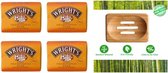 Wright's Koolteer Traditionele Zeep -Pack van 4 met Sanitral Natuurlijke Houten Bamboe Zeepbakje Opslaghouder-Reinigingsset