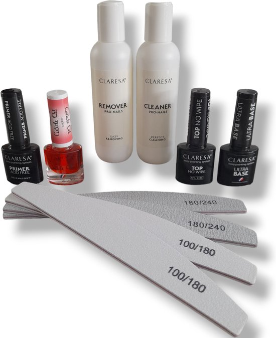 Set voor hybride gellak: Claresa Cleaner, Remover, Base Coat, Top Coat, Primer, Olie, Vijlen