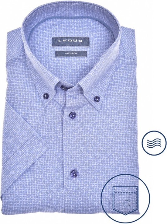 Ledub modern fit overhemd - korte mouw - middenblauw mini dessin - Strijkvriendelijk - Boordmaat: 46