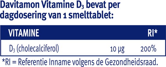 Davitamon Vitamine D3 bevat per dagdosering van 1 smelttablet: VITAMINE D3 (cholecalciferol) 10 µg 200%. *RI = Referentie Inname.